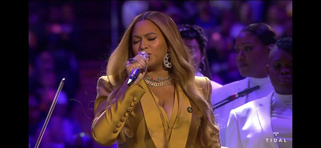 Beyonce during her performance at Kobe Bryant's memorial service 